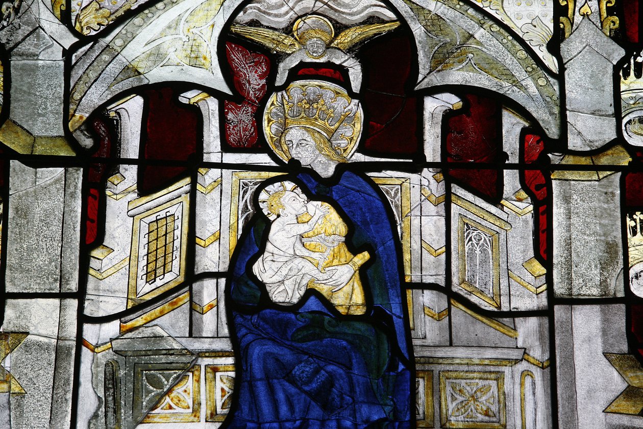 Ólomüveg ablak a Collegiale Notre-Dame des Marais-ban: Szűz és gyermek Villefranche-sur-Saone Franciaország alkotó: Unbekannt