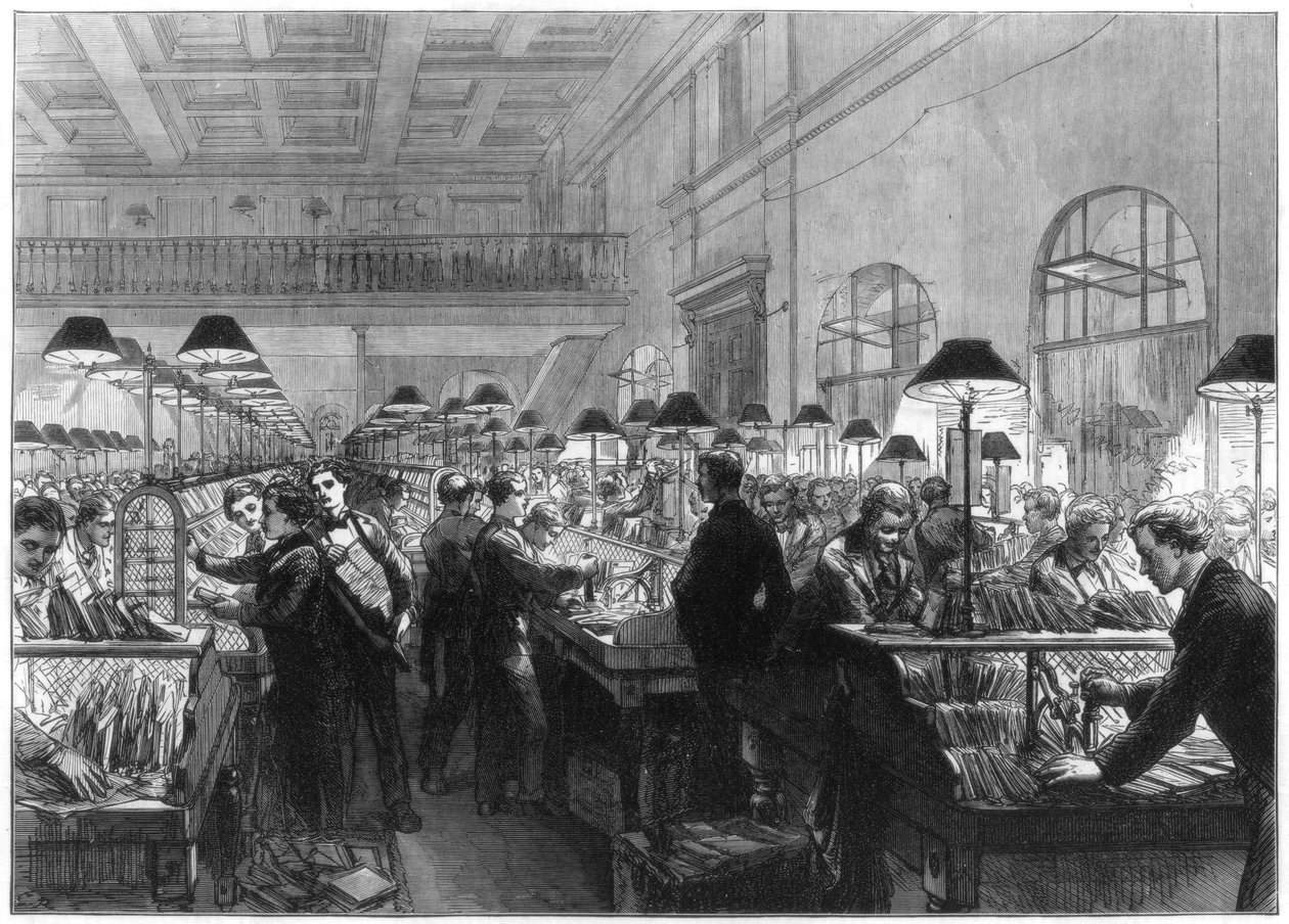 Bélyegző- és válogatóiroda, General Post Office, London, 1875 alkotó: Unbekannt