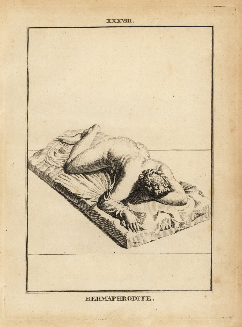 Hermaphroditus szobra, az egyesülések, az androginitás, a házasság, a szexualitás görög istene, ágyon fekve alkotó: Unbekannt