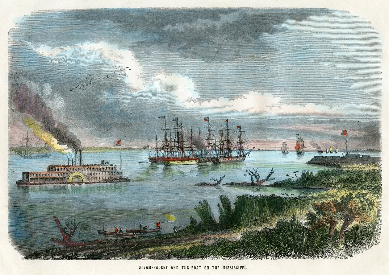 Gőzcsomag és vontatóhajó a Mississippin, USA, c1875 alkotó: Unbekannt