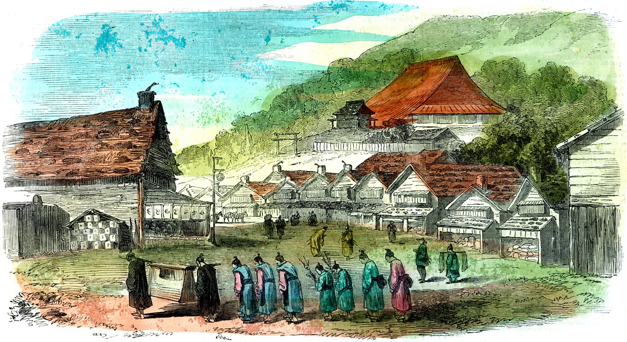Hakodate utca és temetési körmenet, Japán, 1856 alkotó: Unbekannt