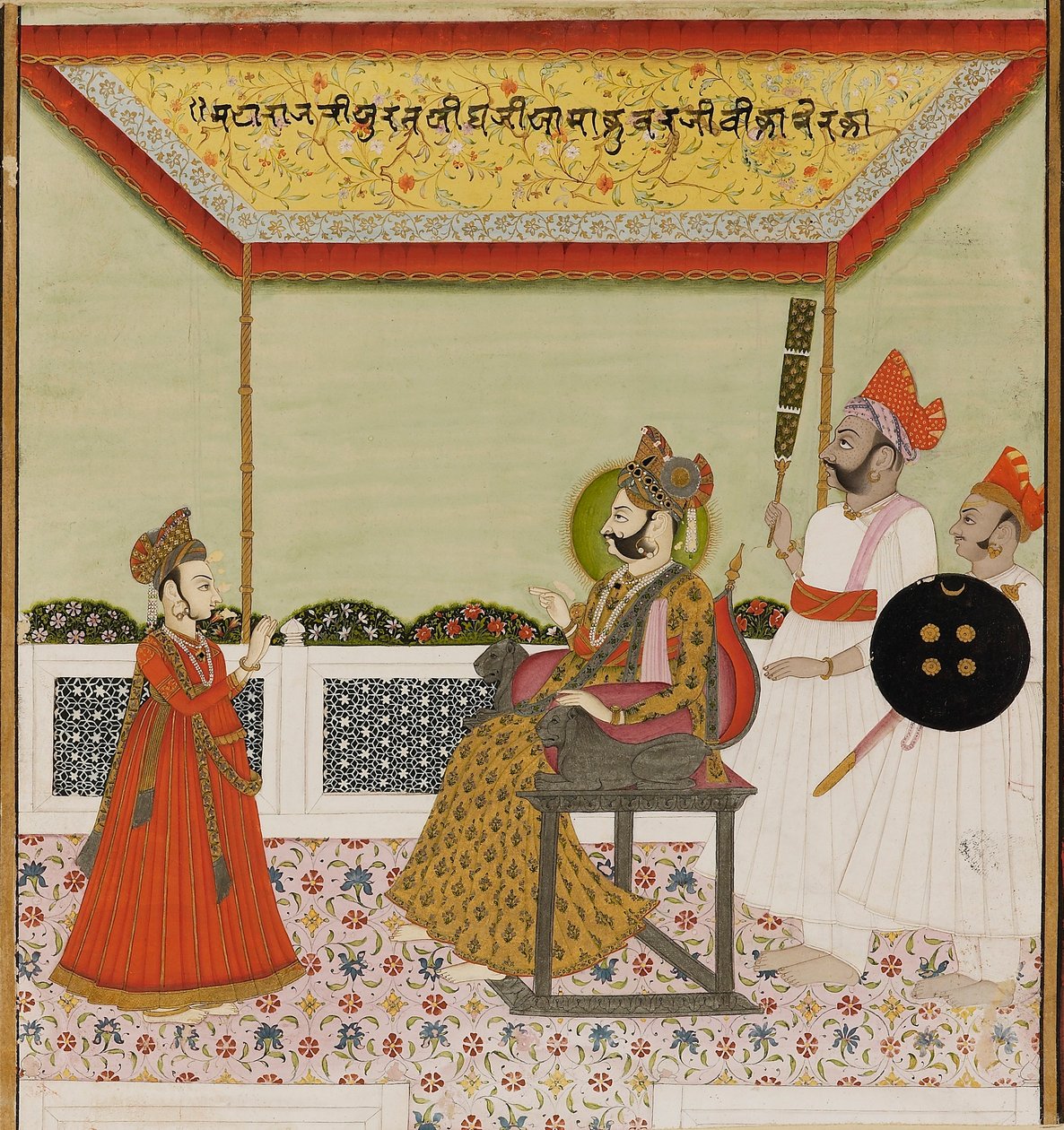Surat Singh oroszlánkarú trónon ül, és fogadja kisfiát, c1800 alkotó: Unbekannt