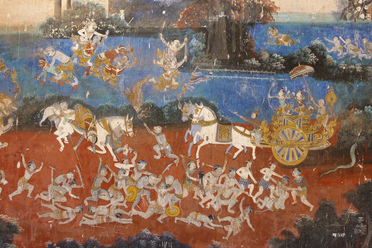 Sylver PagodaEz a falfestmény a Reamker jeleneteit ábrázolja, amely a kambodzsai vagy khmer, a Ramayana, Phnom Penh, Kambodzsa klasszikus hindu versének változata. alkotó: Unbekannt