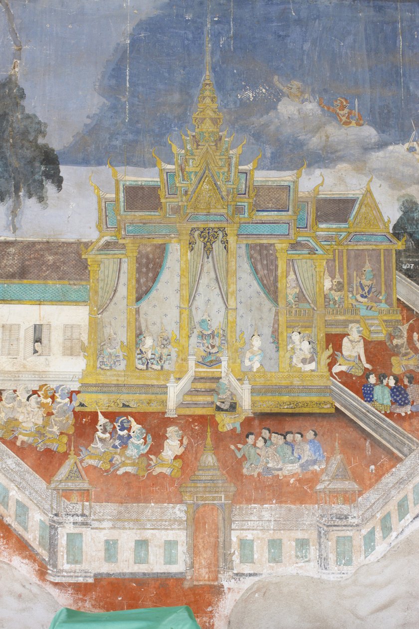 Sylver PagodaEz a falfestmény a Reamker jeleneteit ábrázolja, amely a kambodzsai vagy khmer, a Ramayana, Phnom Penh, Kambodzsa klasszikus hindu versének változata. alkotó: Unbekannt