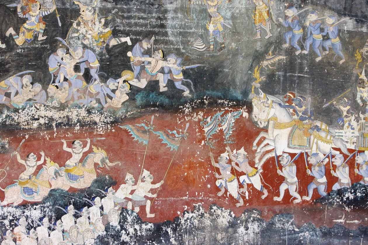 Sylver PagodaEz a falfestmény a Reamker jeleneteit ábrázolja, amely a kambodzsai vagy khmer, a Ramayana, Phnom Penh, Kambodzsa klasszikus hindu versének változata. alkotó: Unbekannt