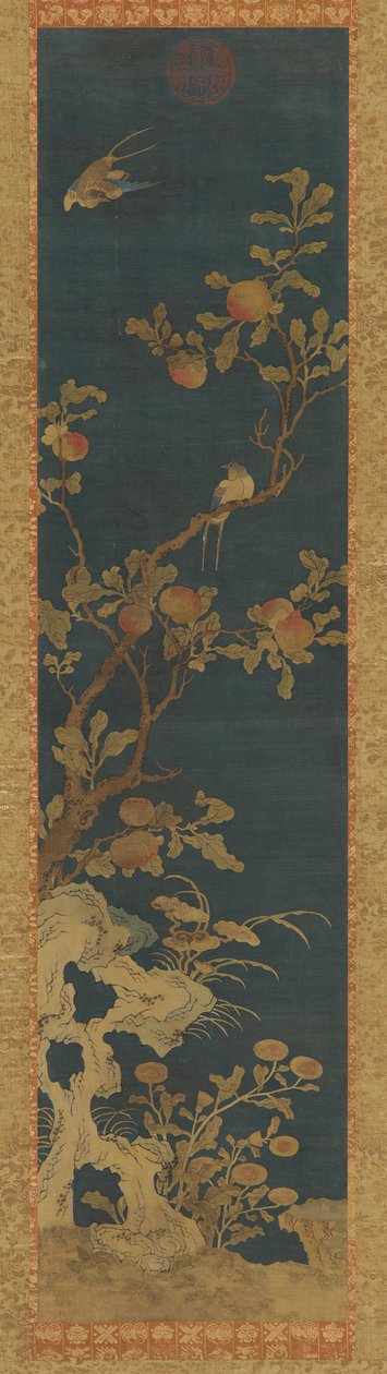 Gobelin: madarak, barackfa, sziklák és virágok kék talajon, Qing-dinasztia, 1644-1911. alkotó: Unbekannt
