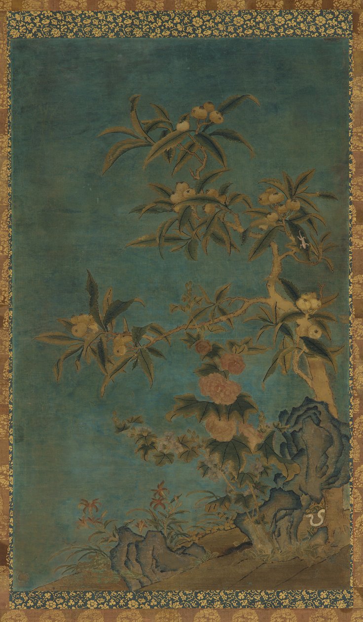 Gobelin: gyümölcsfák és hollyhocks, Ming-dinasztia, 1368-1644. alkotó: Unbekannt