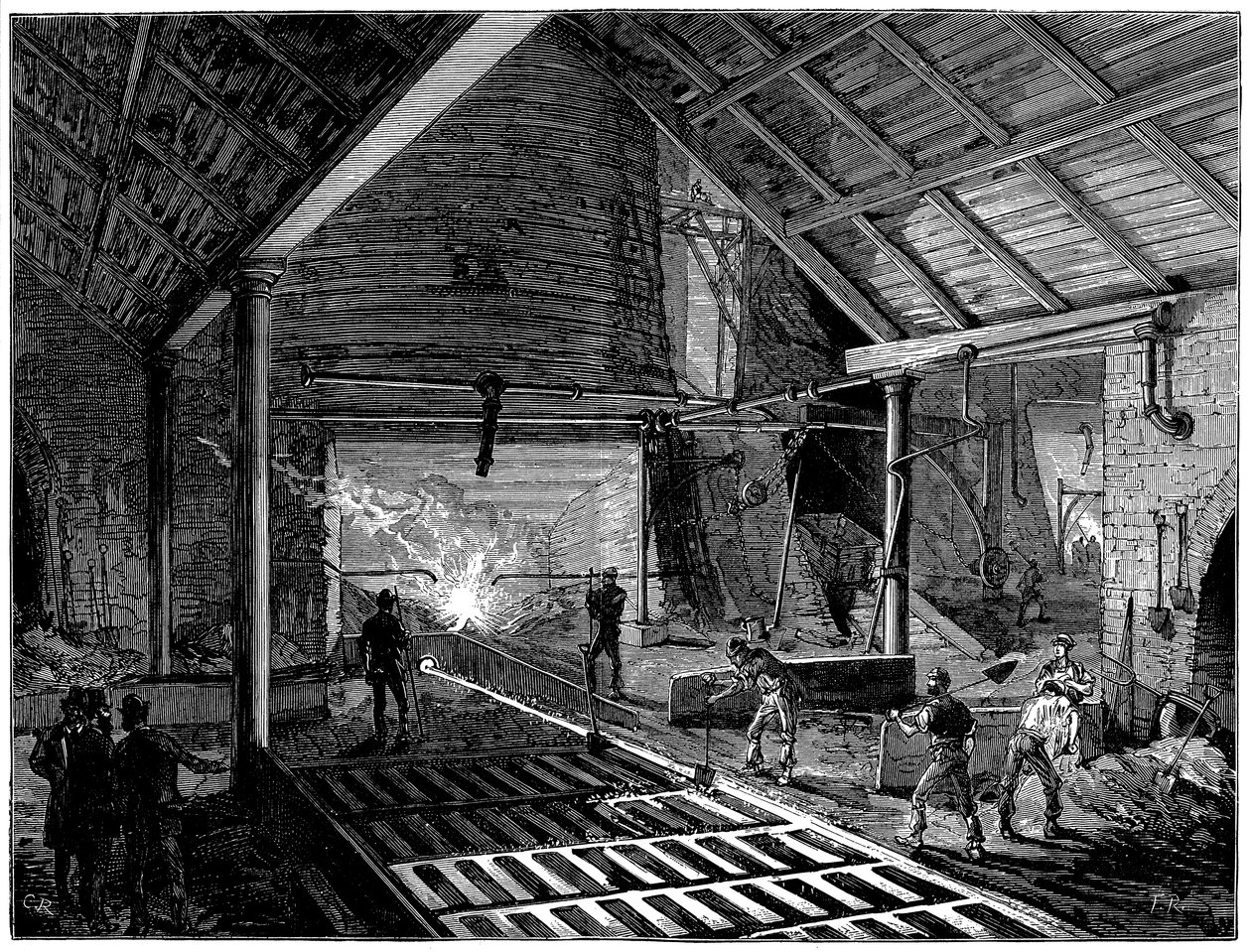 Nagyolvasztó megütögetése és olvadt vas befuttatása a disznókba, c1885 alkotó: Unbekannt
