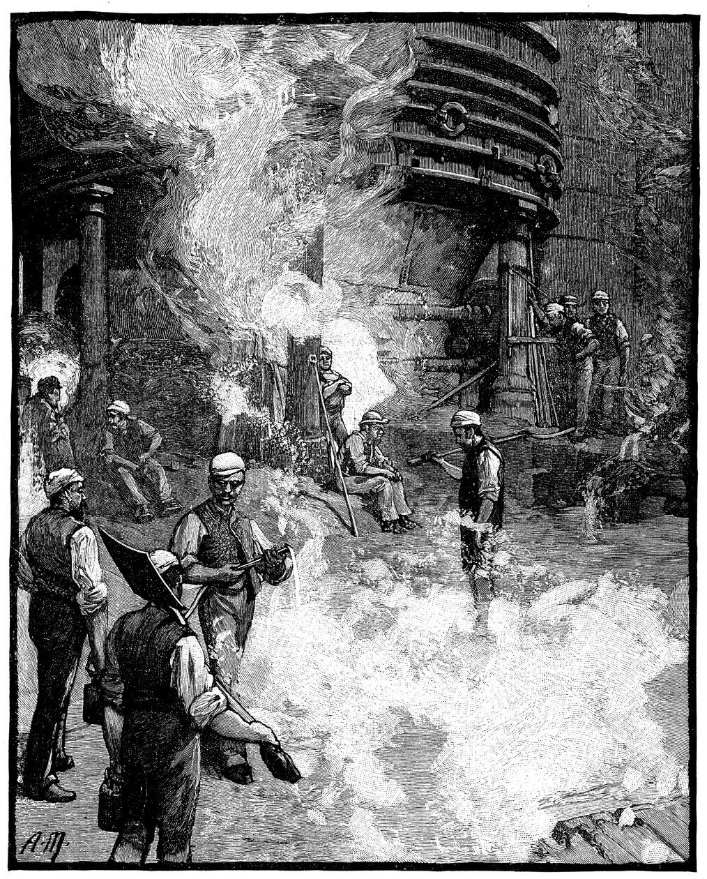 Nagyolvasztó csapolása és vasöntés sertésbe, Siemens vas- és acélmű, Wales, 1885 alkotó: Unbekannt
