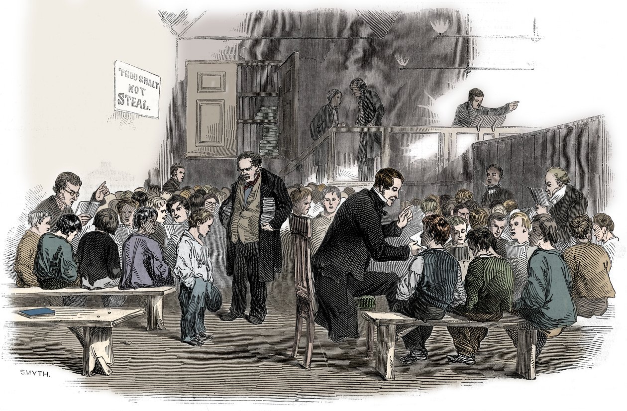 Fiúk olvasástanítása a Ragged School Union iskolában, Lambeth, London, 1868 alkotó: Unbekannt