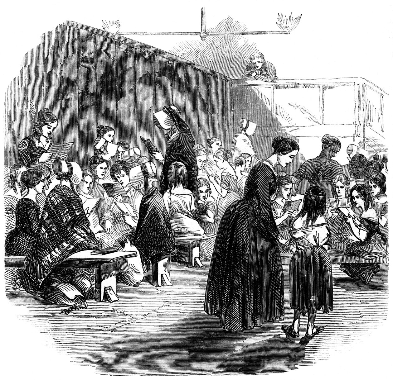 Lányokat tanítani olvasni a Ragged School Union iskolában, Lambeth, London, 1868 alkotó: Unbekannt