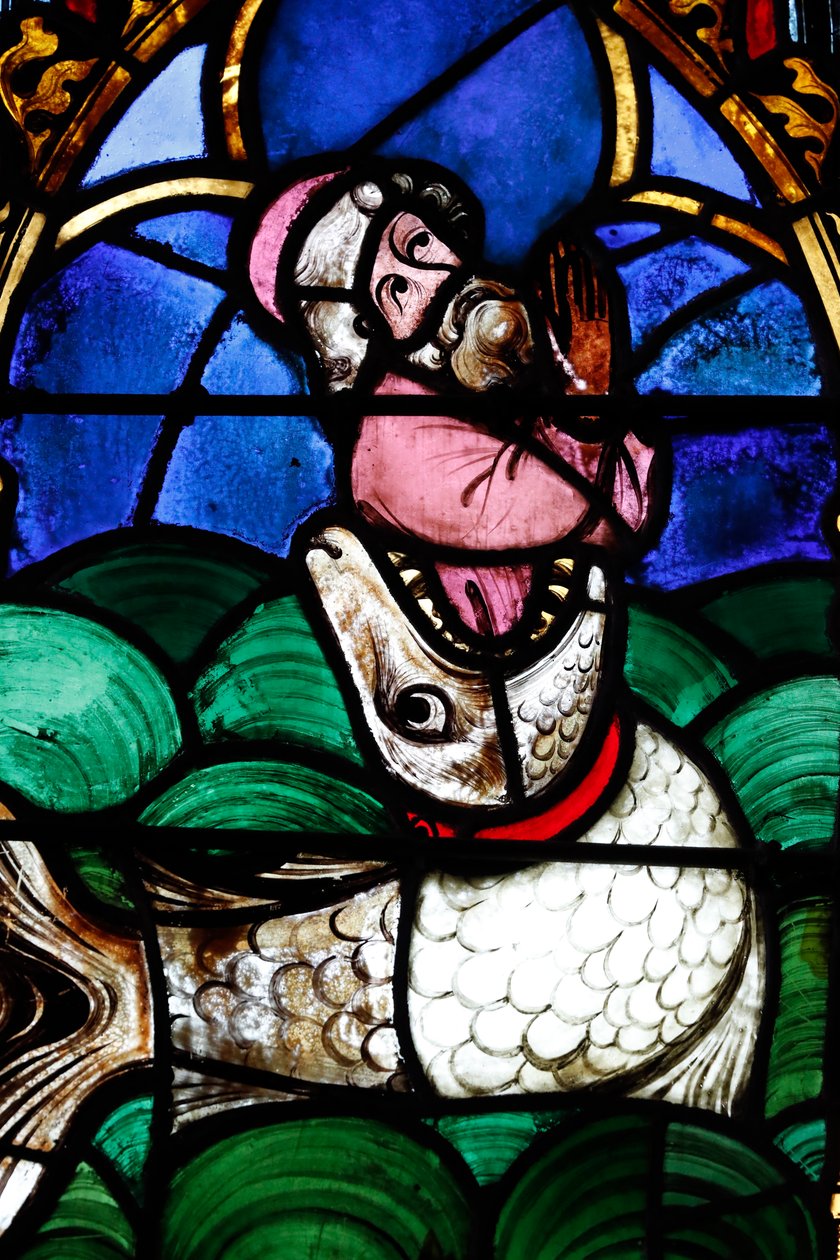 Temple Saint-ƒtienne református templom, ólomüveg ablak, Jonah (Jonas) és a bálna, Strasbourg, Franciaország. alkotó: Unbekannt