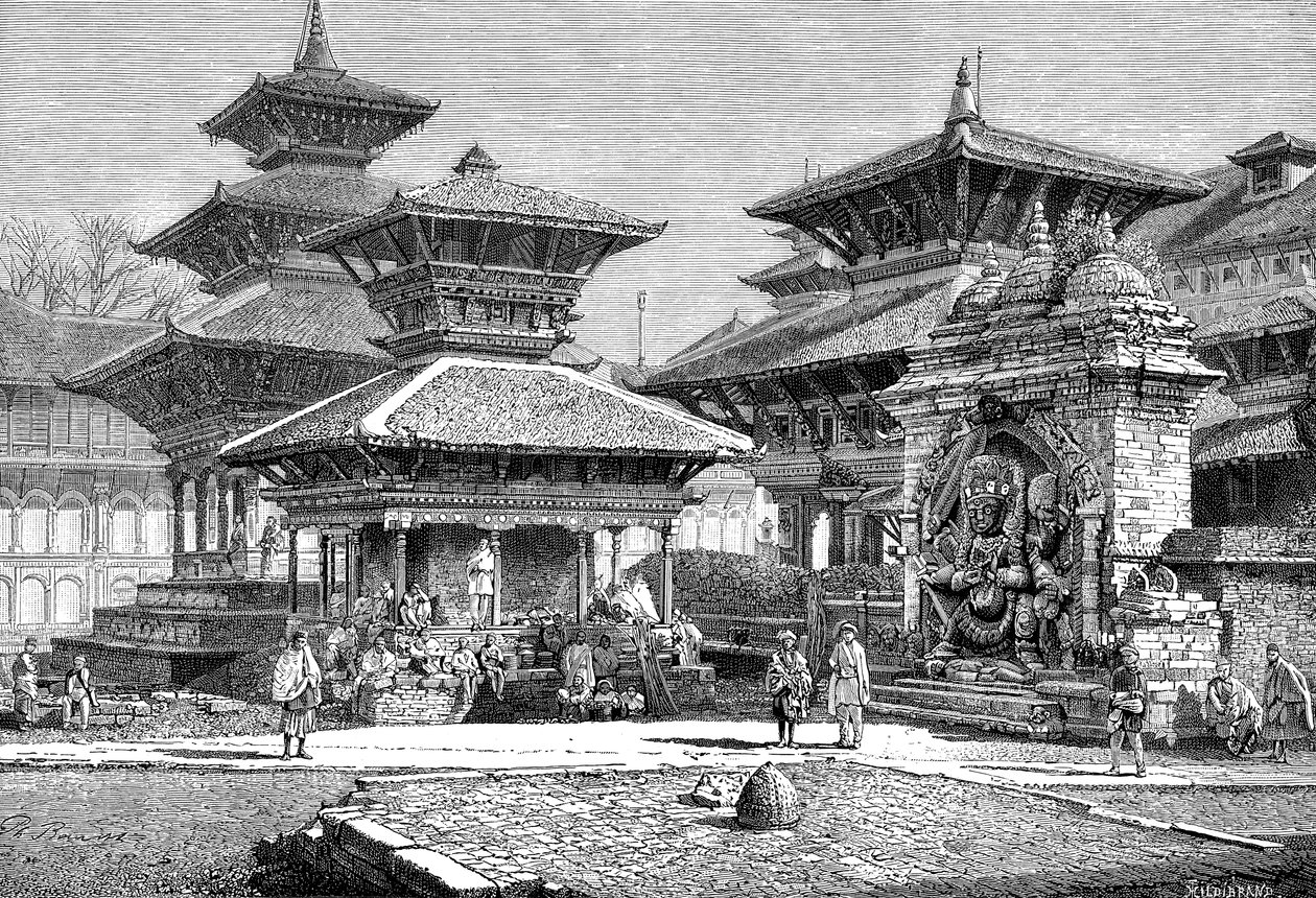 Templomok a királyi palotával szemben, Katmandu, Nepál, 1895 alkotó: Unbekannt