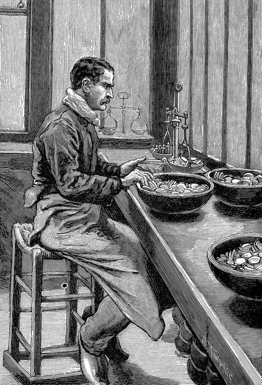 Aranydarabok súlyának tesztelése, párizsi pénzverde, 1892 alkotó: Unbekannt