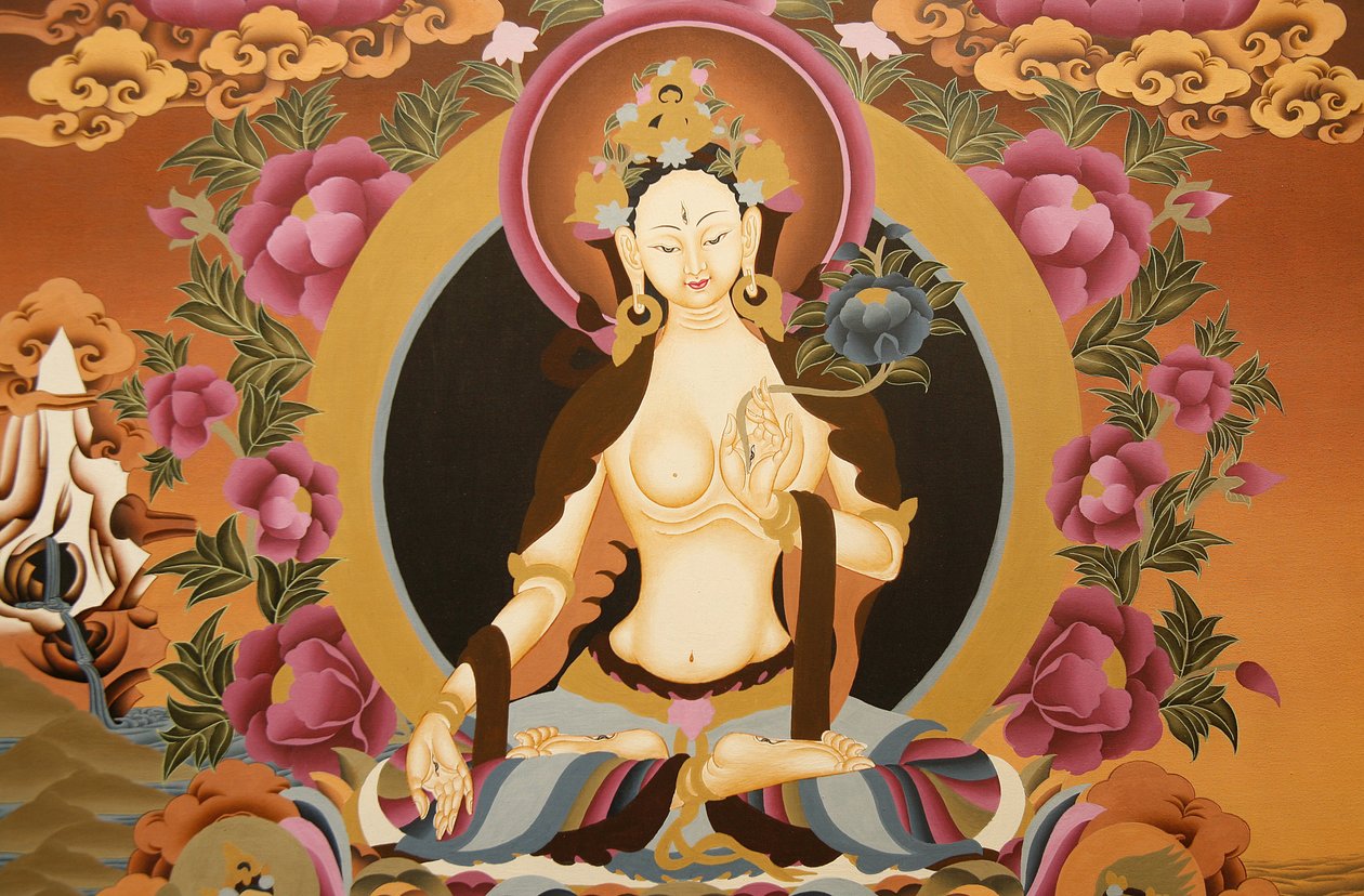 Thangka fehér Tara istennőt ábrázol, a hosszú élet buddhista szimbóluma, Bhaktapur, Nepál alkotó: Unbekannt
