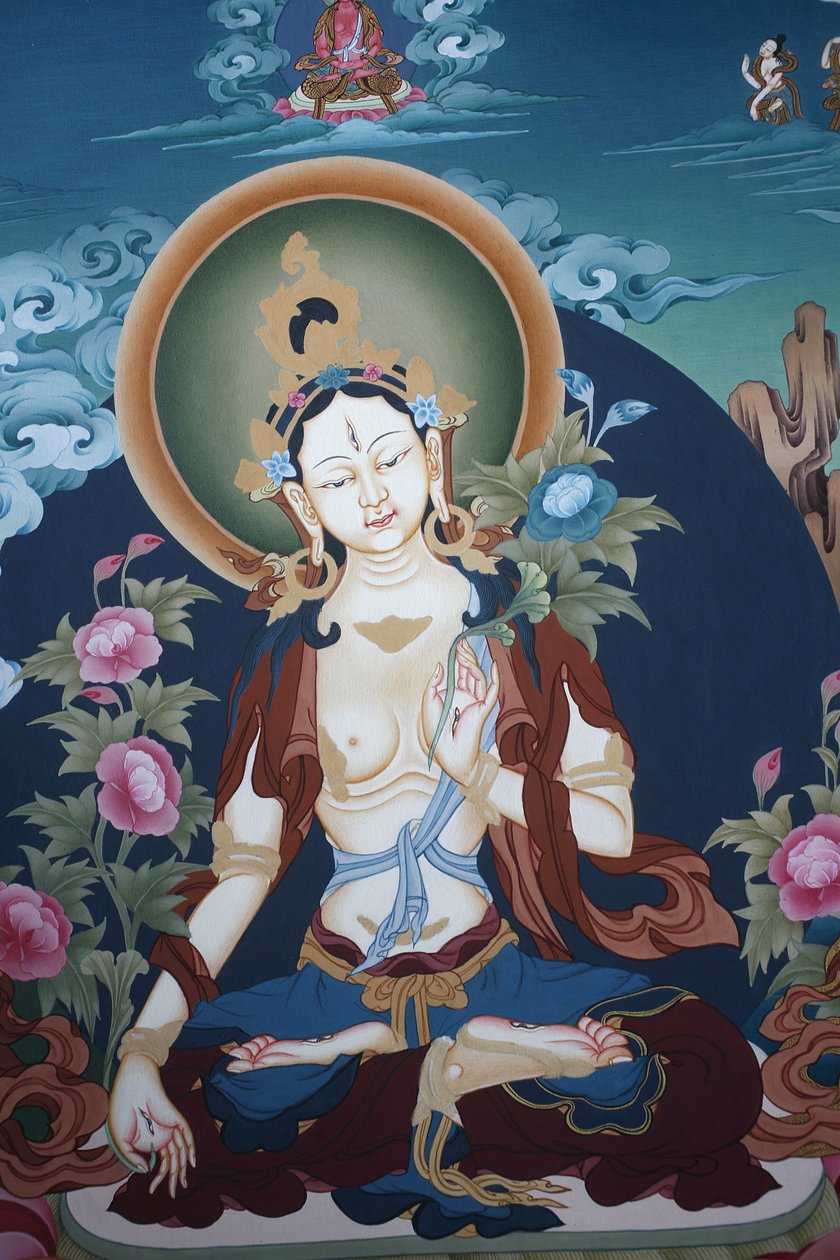 Thangka fehér Tara istennőt ábrázol, a hosszú élet buddhista szimbóluma, Bhaktapur, Nepál alkotó: Unbekannt