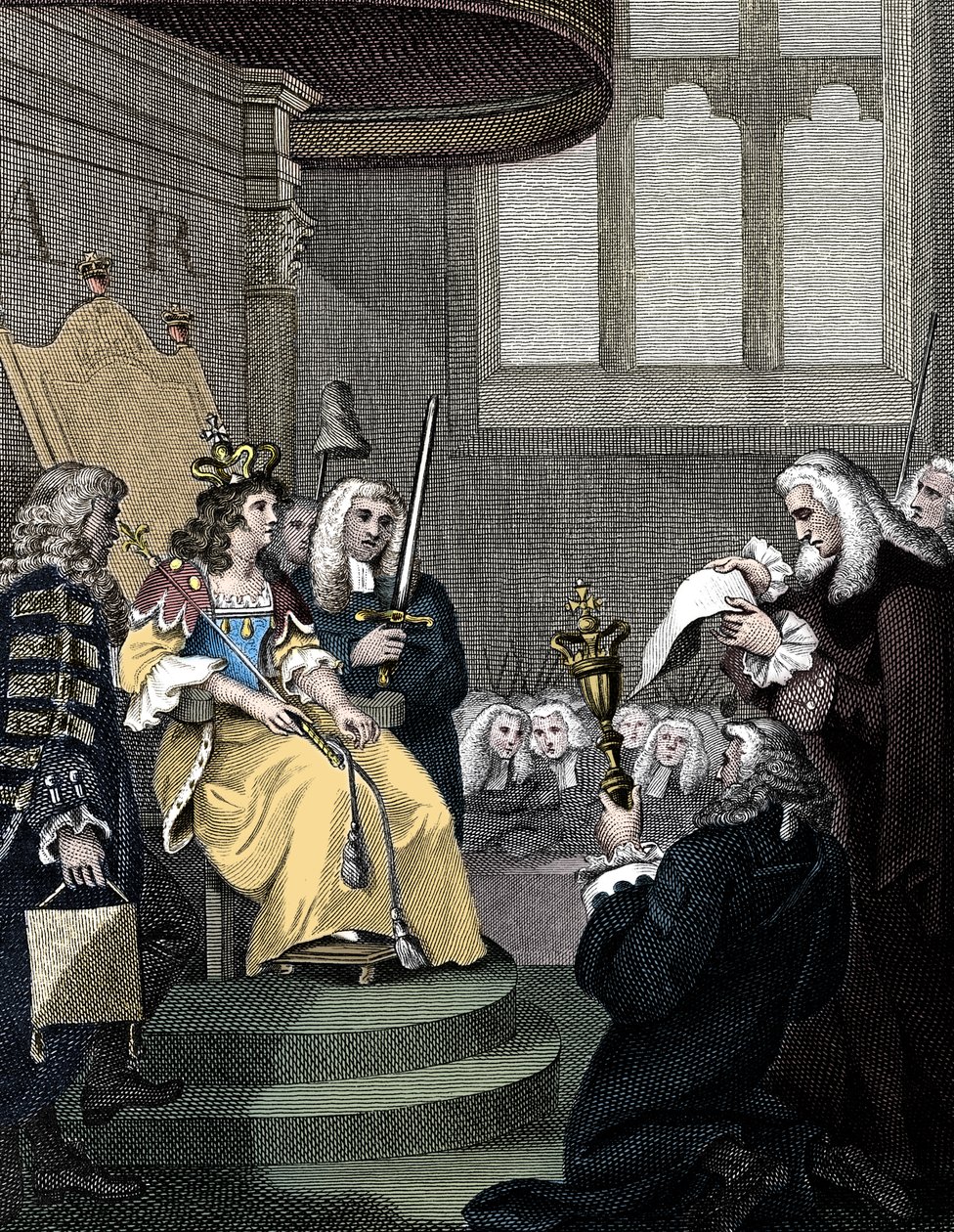 Az Anglia és Skócia közötti egyesülési törvényt Anne királynő előtt olvasták, 1826-ban alkotó: Unbekannt