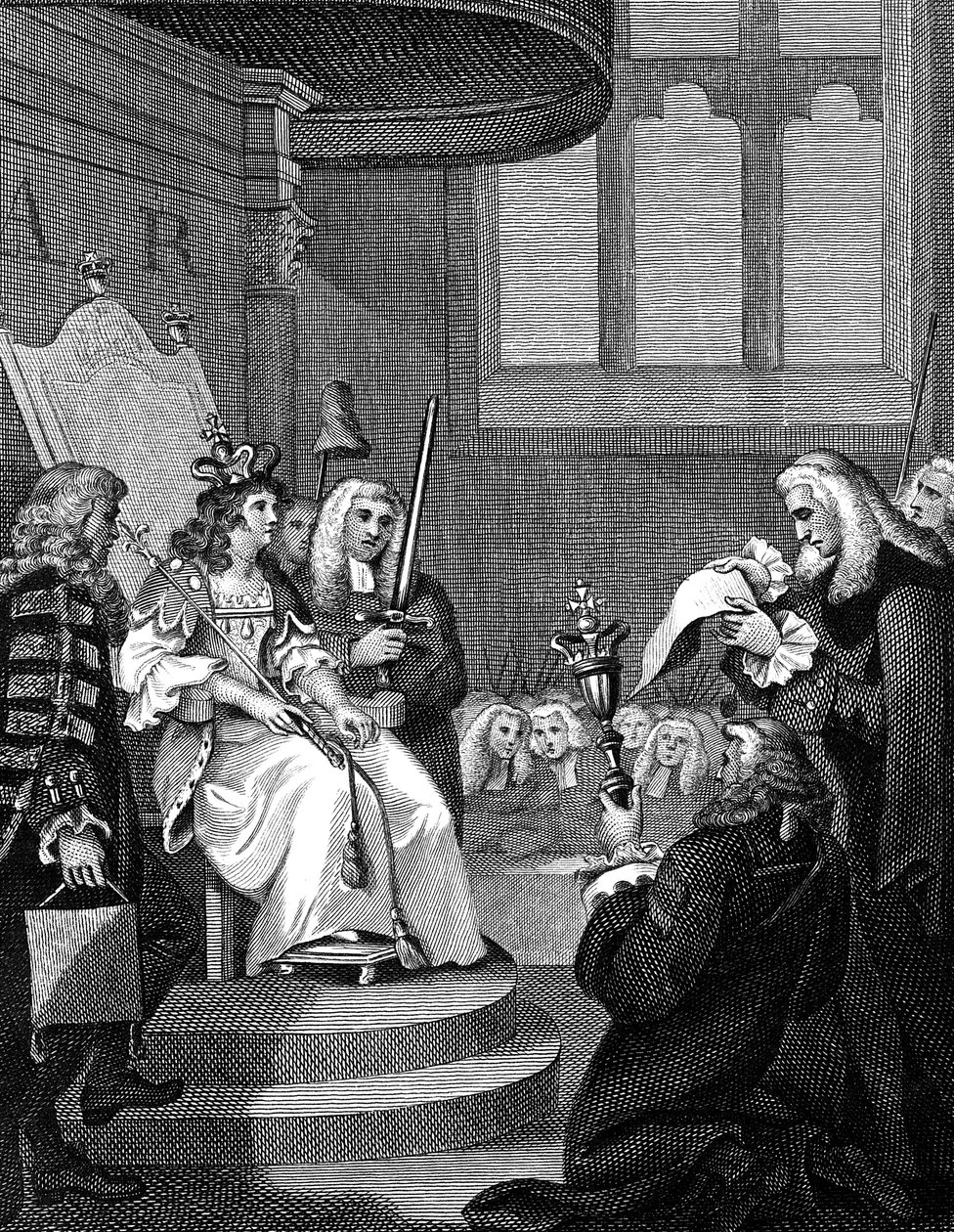 Az Anglia és Skócia közötti egyesülési törvényt Anne királynő előtt olvasták, 1826-ban alkotó: Unbekannt