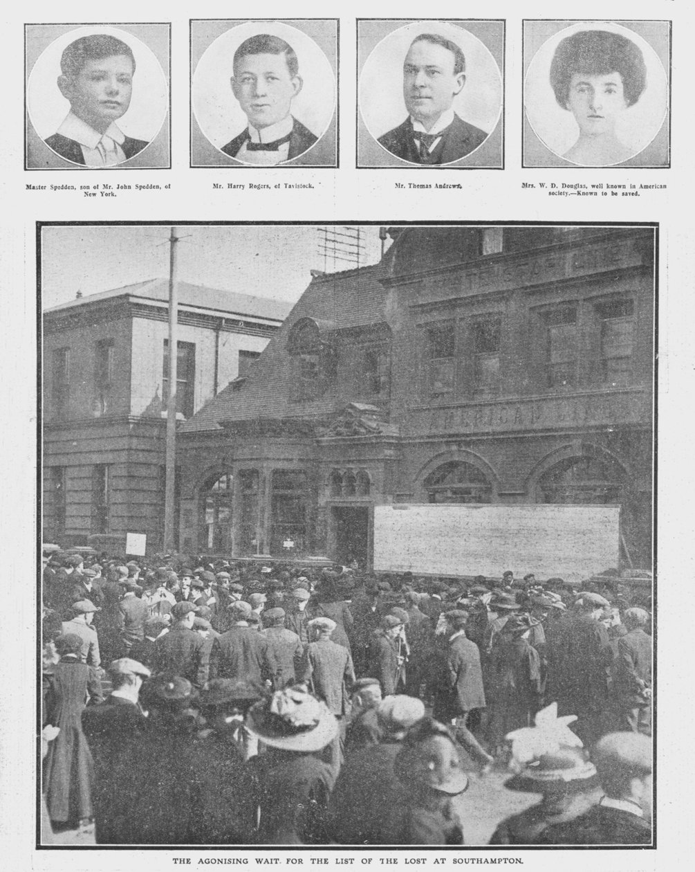 A gyötrelmes várakozás az elveszettek listájára Southamptonban, 1912. április 20. alkotó: Unbekannt