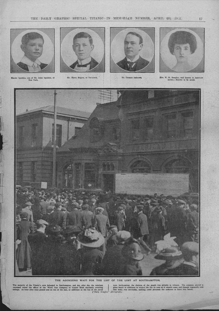 A gyötrelmes várakozás az elveszettek listájára Southamptonban, 1912. április 20. alkotó: Unbekannt