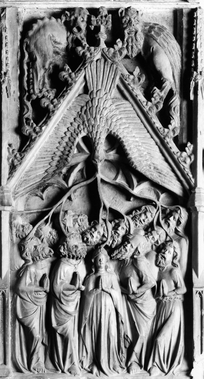 A Szűz életének oltárképe Részlet. Alacsony dombormű, Jaume Cascalls (? -1378) 14. századi Corneilla de Conflent Boldogasszony-templom (Kelet-Pireneusok) alkotó: Unbekannt