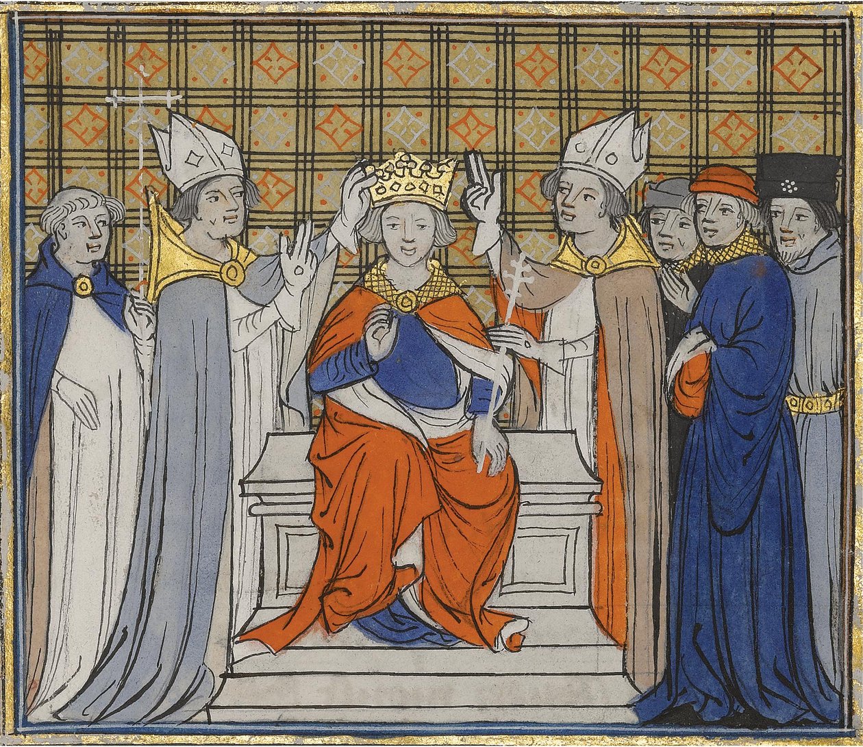 Lajos felkenése és koronázása Laonban, 936. június 19. Grandes Chroniques de France, 15. alkotó: Unbekannt