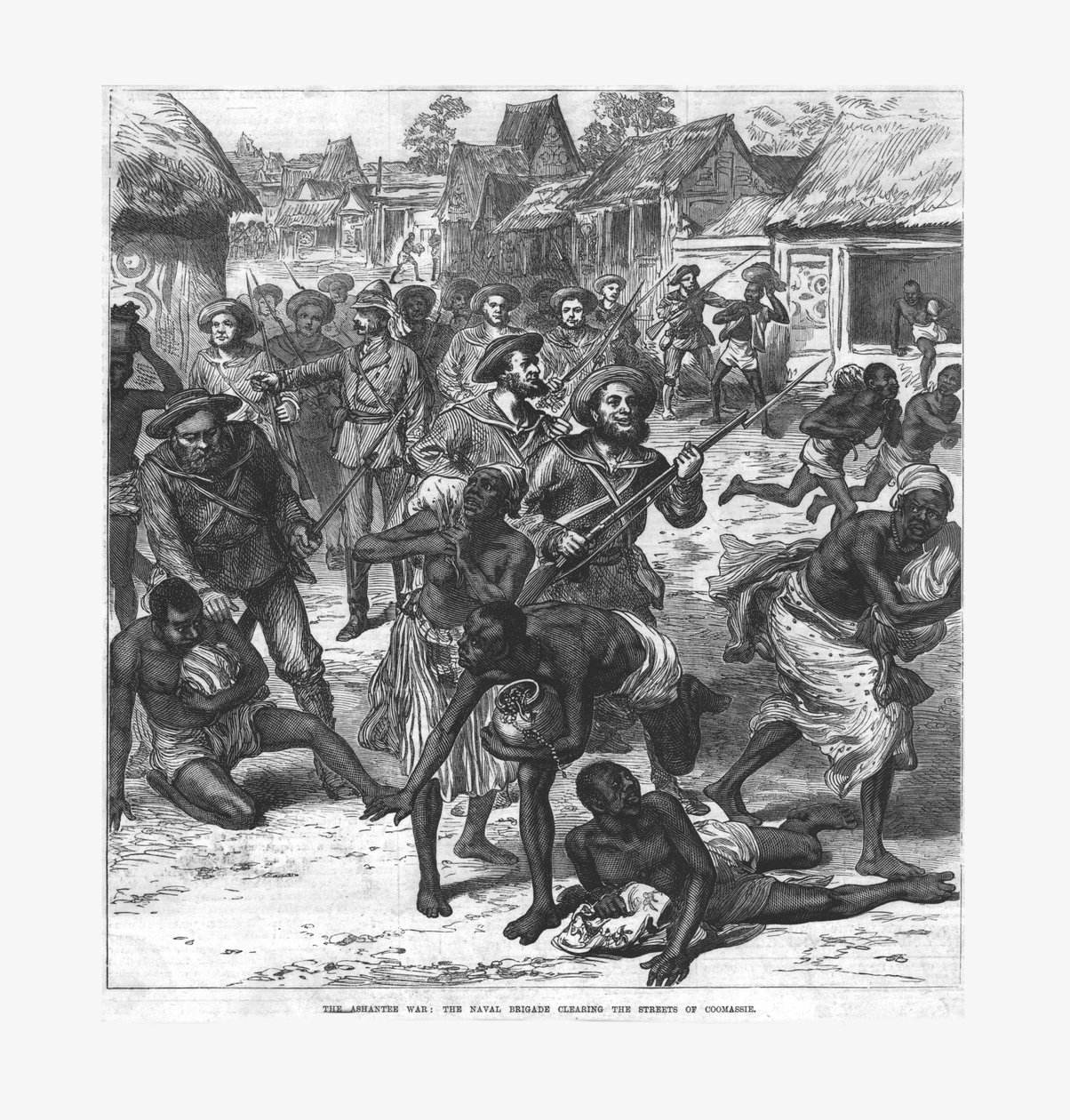 Az Ashantee háború: a haditengerészeti brigád megtisztítja Coomassie utcáit, 1874. alkotó: Unbekannt