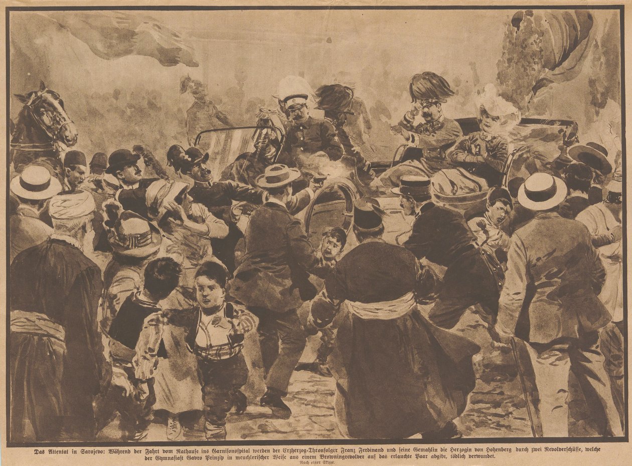 Ferenc Ferdinánd osztrák főherceg és felesége meggyilkolása Szarajevóban, 1914. június 28-án. alkotó: Unbekannt