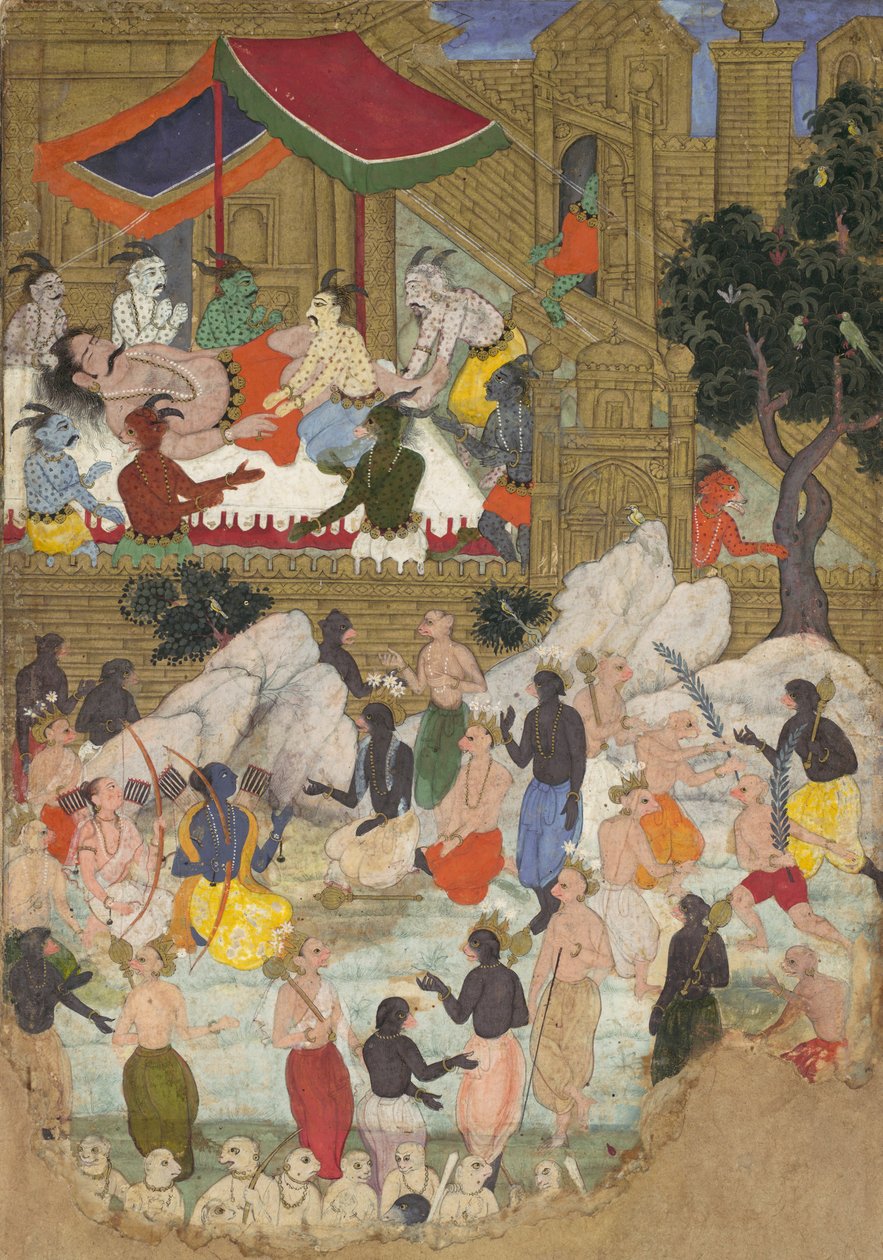 Kumbhakarna ébredése Lanka Aranyvárosában, Folio egy ramajanából, kb. 1605. alkotó: Unbekannt