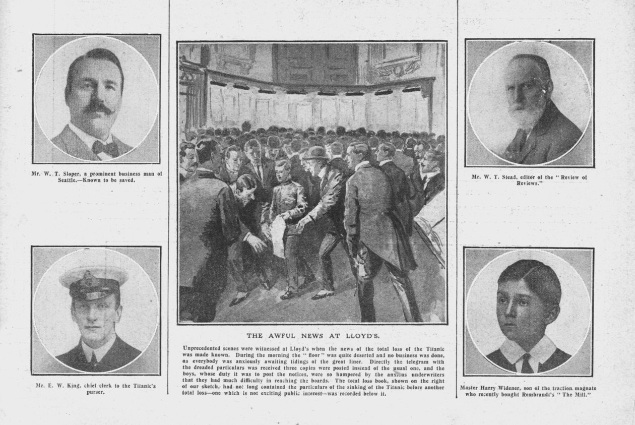 The Awful News at Lloyds, a Titanic fedélzetén tartózkodók némelyikének portréival, 1912. április 20. alkotó: Unbekannt