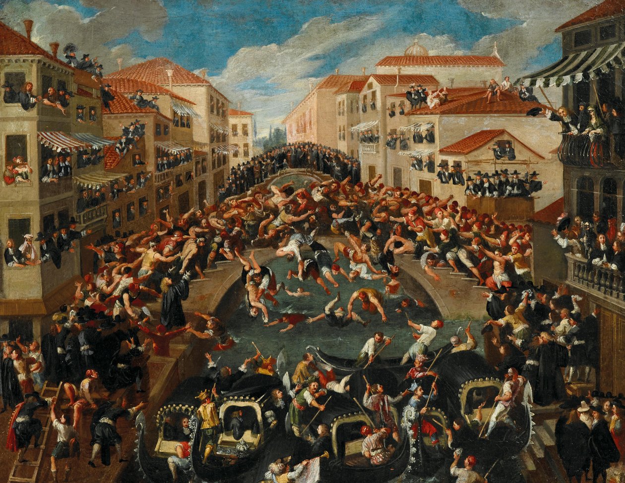 A Battaglia dei Pugni a San Barnaba hídon, Velence, 18. század. alkotó: Unbekannt