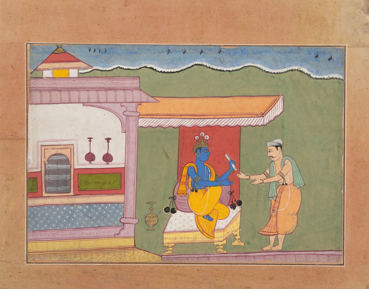 A brahmin Rukmini levelet szállít Krsnának...egy szétszórt Bhagavata Puránából..., kb. 1610. alkotó: Unbekannt