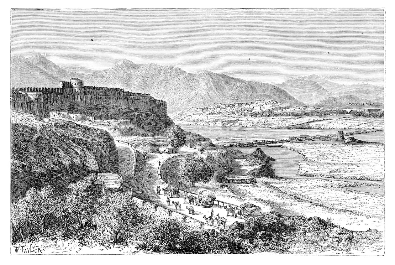 Attock fellegvára és egy csónakhíd az Induson, Pakisztánban, 1895 alkotó: Unbekannt