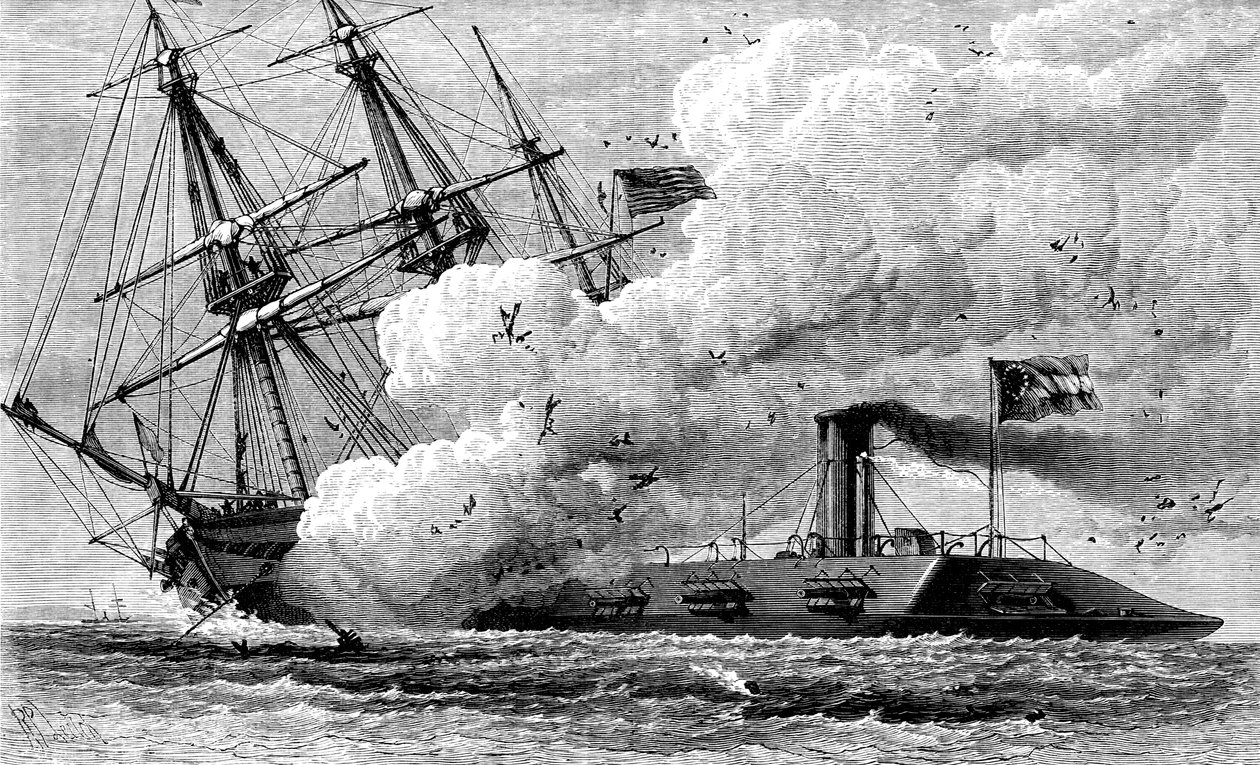 A konföderációs vaskalapos Merrimac elsüllyeszti a USS Cumberlandet, 1862 c1880 alkotó: Unbekannt