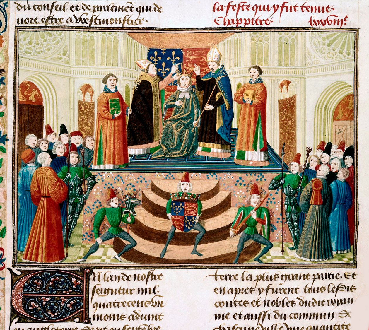 Henrik megkoronázása, Jean Froissart, 1470 körül, a Grandes Chroniques de France miniatúrájának részlete alkotó: Unbekannt