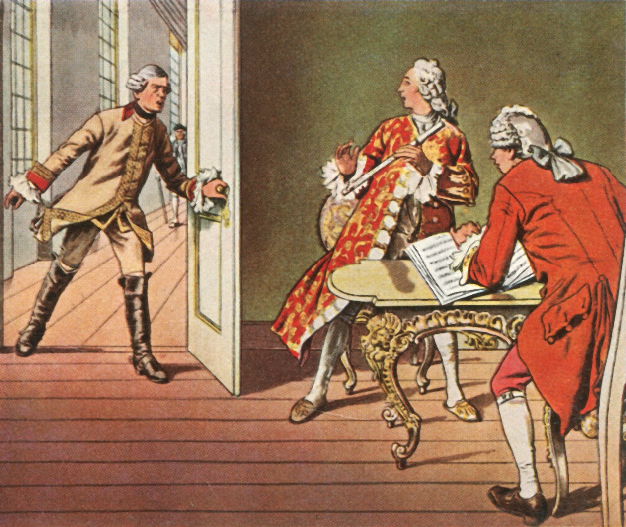 A koronaherceg és zenetanára félbeszakad egy fuvolalecke közben, 1729, 1936. alkotó: Unbekannt