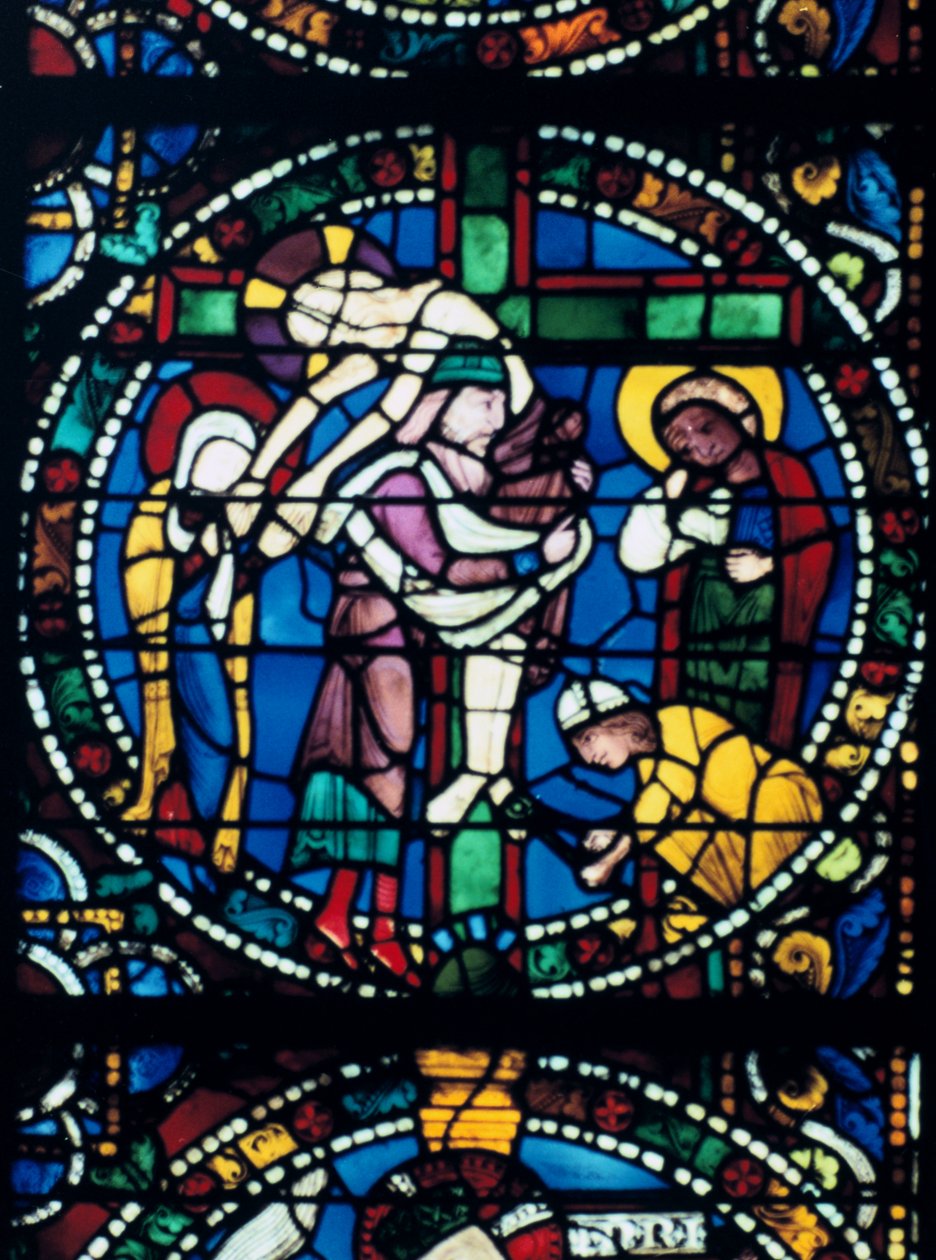 A keresztről való leszállás, ólomüveg, Chartres-i katedrális, Franciaország, 1194-1260 alkotó: Unbekannt