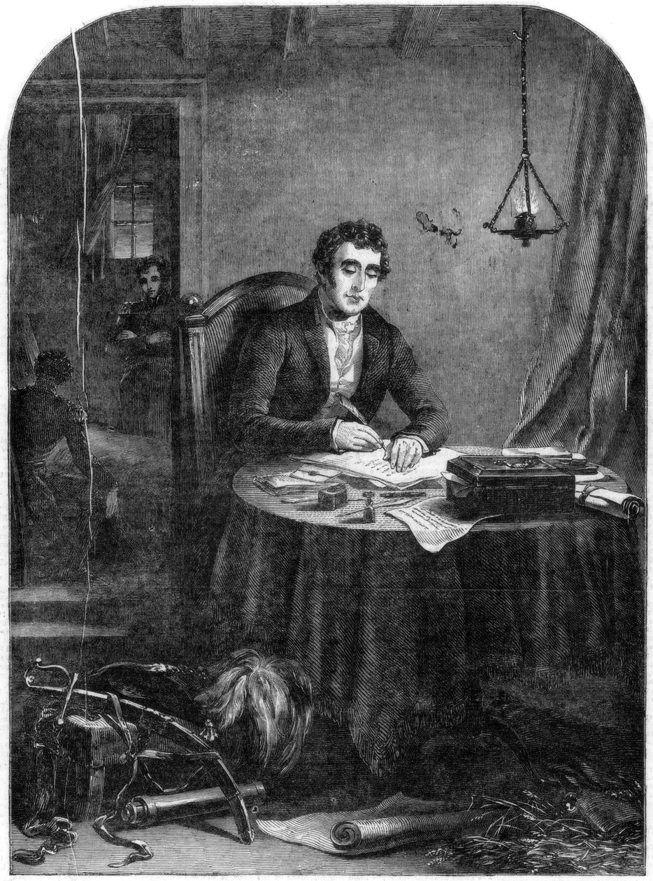 Wellington hercege írja a küldeményeket a waterlooi csata után, 1815, 1852 alkotó: Unbekannt