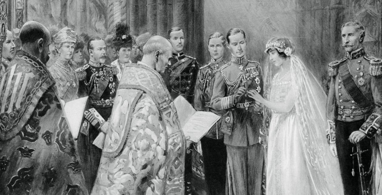 York hercege felhelyezi a gyűrűt Lady Elizabeth Bowes-Lyons ujjára, 1923. április 26., 1937. alkotó: Unbekannt