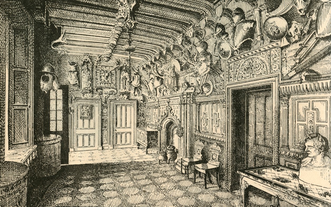Az előcsarnok. - A fal mentén sok régi páncélból készült ruha van., 1882. alkotó: Unbekannt