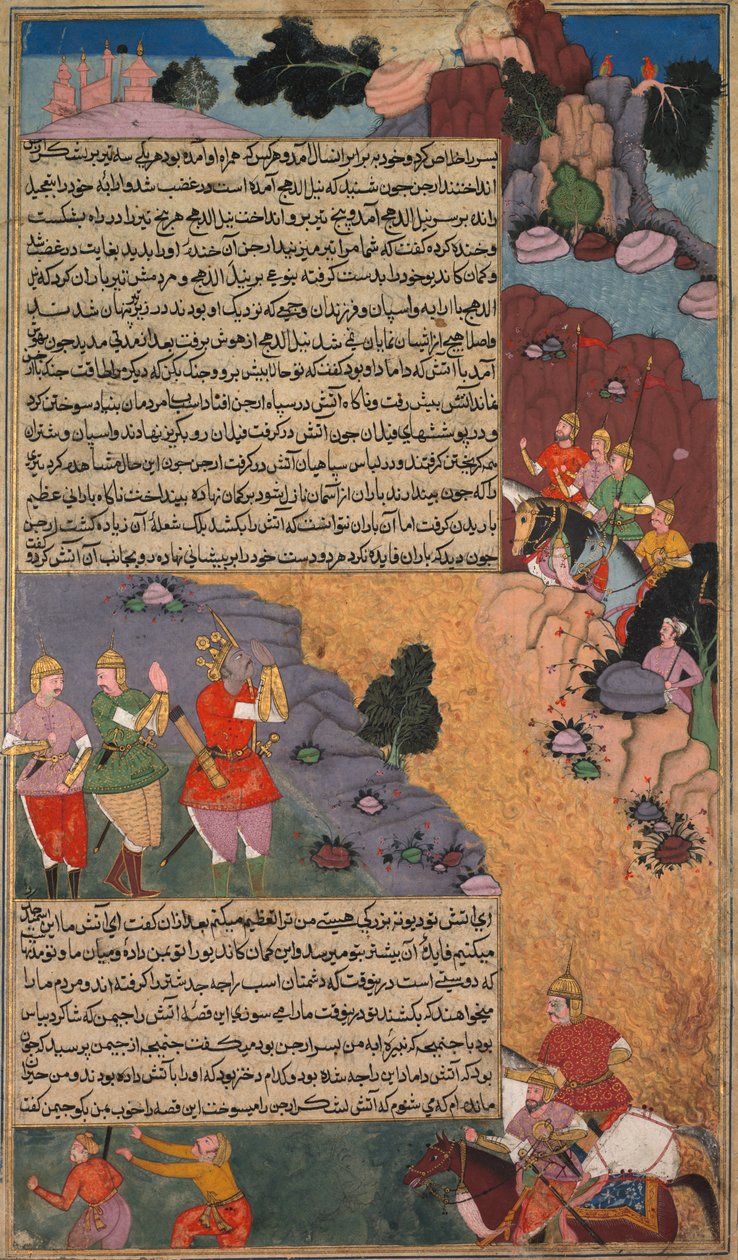A fehér ló első kalandja, oldal a Khan Khanans Razm Nama... c. 1610-17. alkotó: Unbekannt