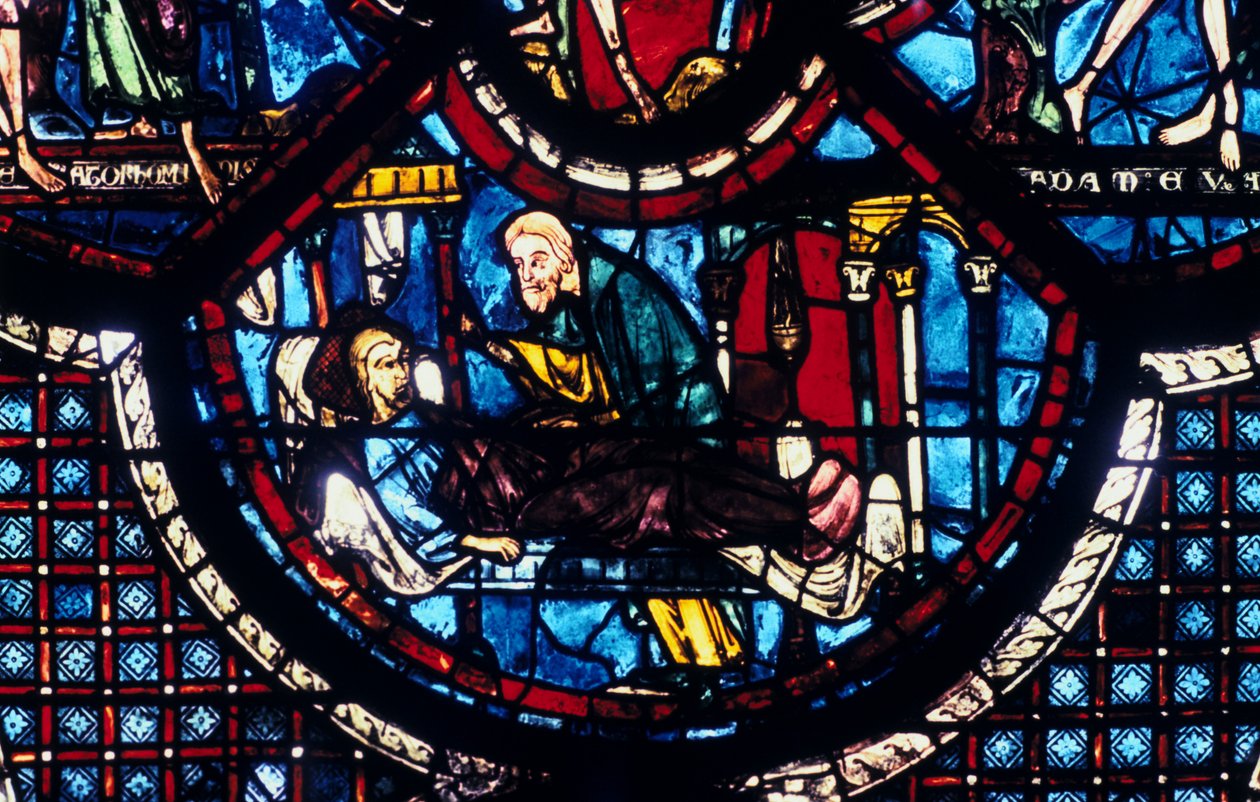 Az irgalmas szamaritánus gondoskodik a zarándokról, ólomüveg, Chartres-i katedrális, Franciaország, 1205-1215 alkotó: Unbekannt