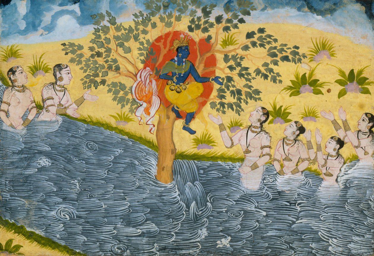 A gópik könyörögnek Krsnához, hogy adják vissza ruhájukat, oldal a Bhagavata Puránából..., kb. 1610. alkotó: Unbekannt