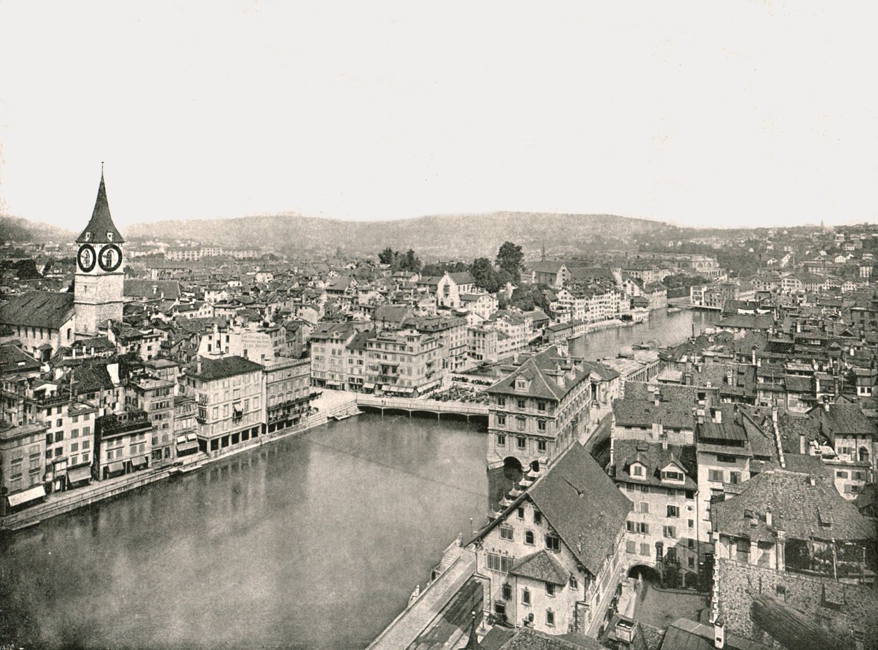 A Limmat folyó által kettéválasztott Grosse Stadt és Kleine Stadt, Zürich, Svájc, 1895. alkotó: Unbekannt