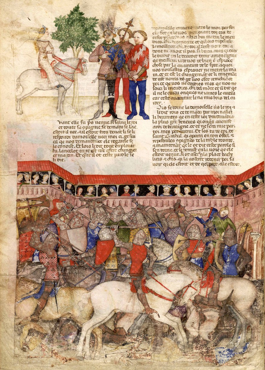 A kerek lovagok miniatűrje a Szent Grál keresése és Arthur halála című filmből, 1220 körül alkotó: Unbekannt