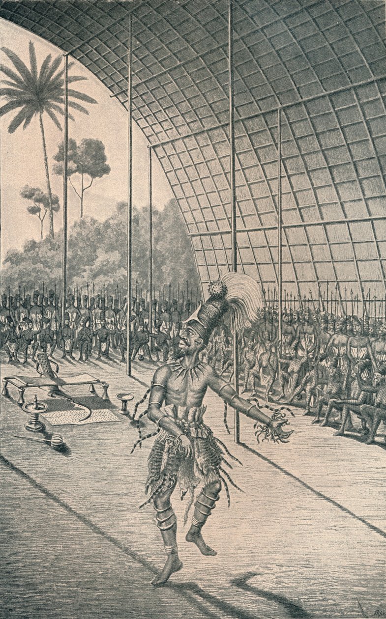 A Mangbattu király, Munsa táncol feleségei és harcosai előtt, 1870, 1903 alkotó: Unbekannt