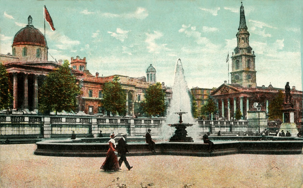 A National Gallery, a St Martin in the Fields és a szökőkutak a Trafalgar Square-en, London, 1910. alkotó: Unbekannt