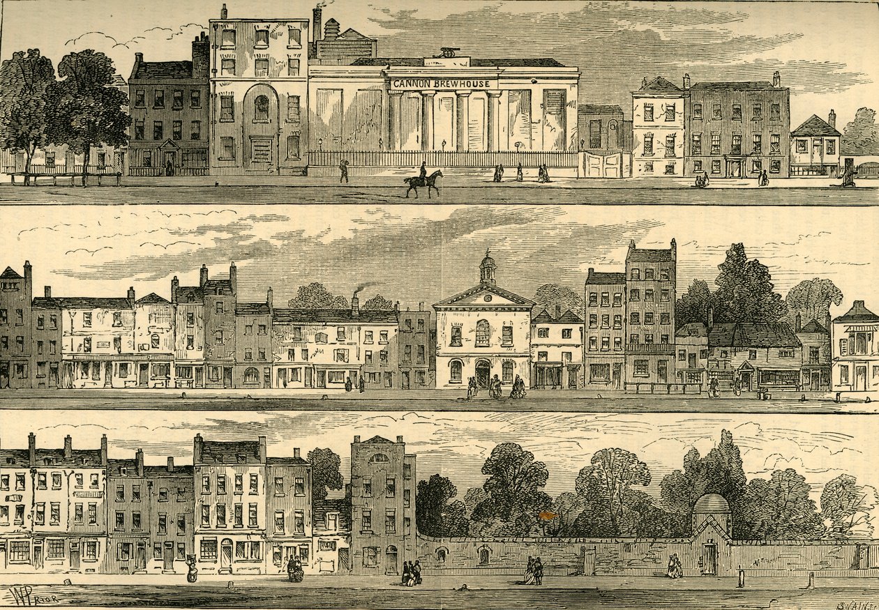 Knightsbridge északi oldala 1820-ban, a Cannon Brewerytől a Hyde Park Cornerig, 1876-ban. alkotó: Unbekannt