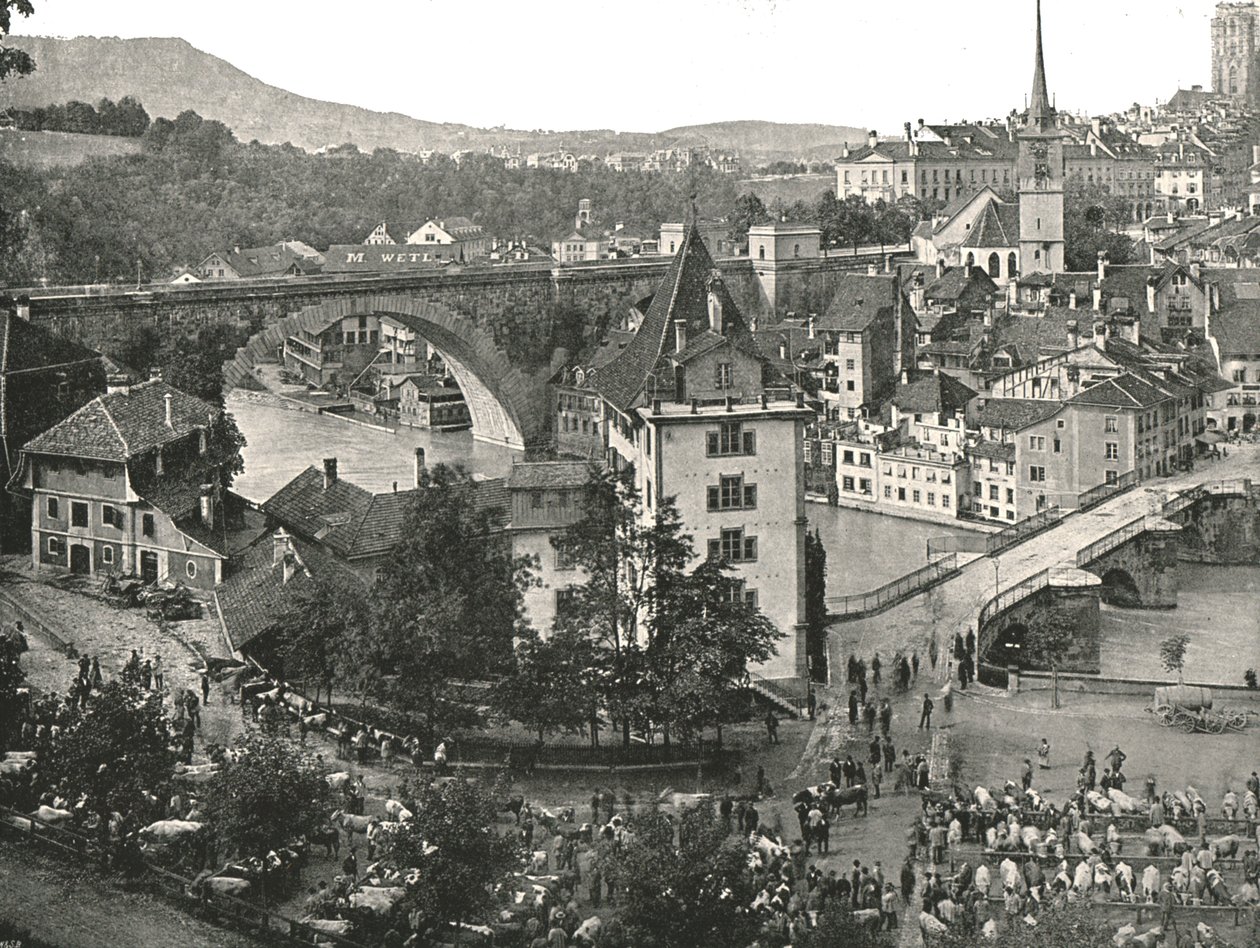 Nydeggbrücke és marhapiac, Bern, Svájc, 1895. alkotó: Unbekannt