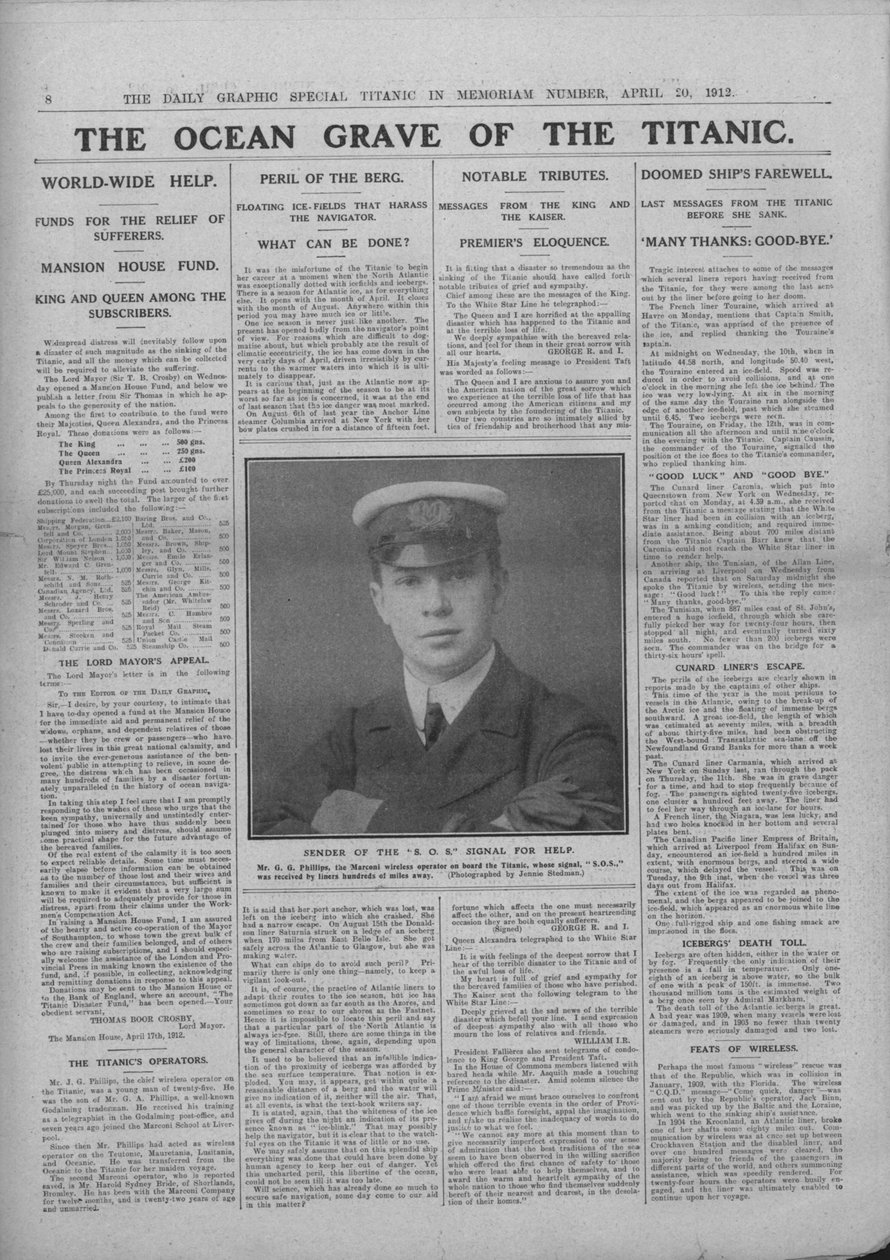 A Titanic óceánsírja és Jack Phillips fényképe, 1912. április 20. alkotó: Unbekannt
